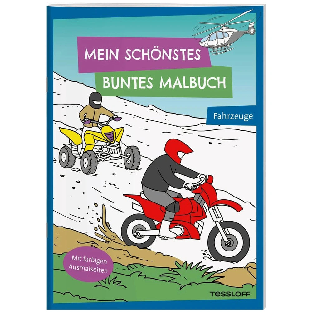 TESSLOFF's colorful coloring book cover features two motorcycle riders on a snowy slope against a vibrant blue background.