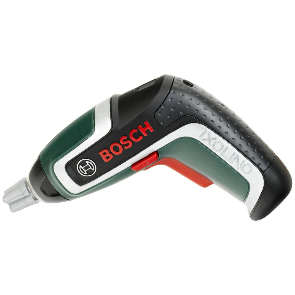 Theo Klein Bosch cordless screwdriver with green and white casing, black grip, red button, and silver nozzle for pretend play