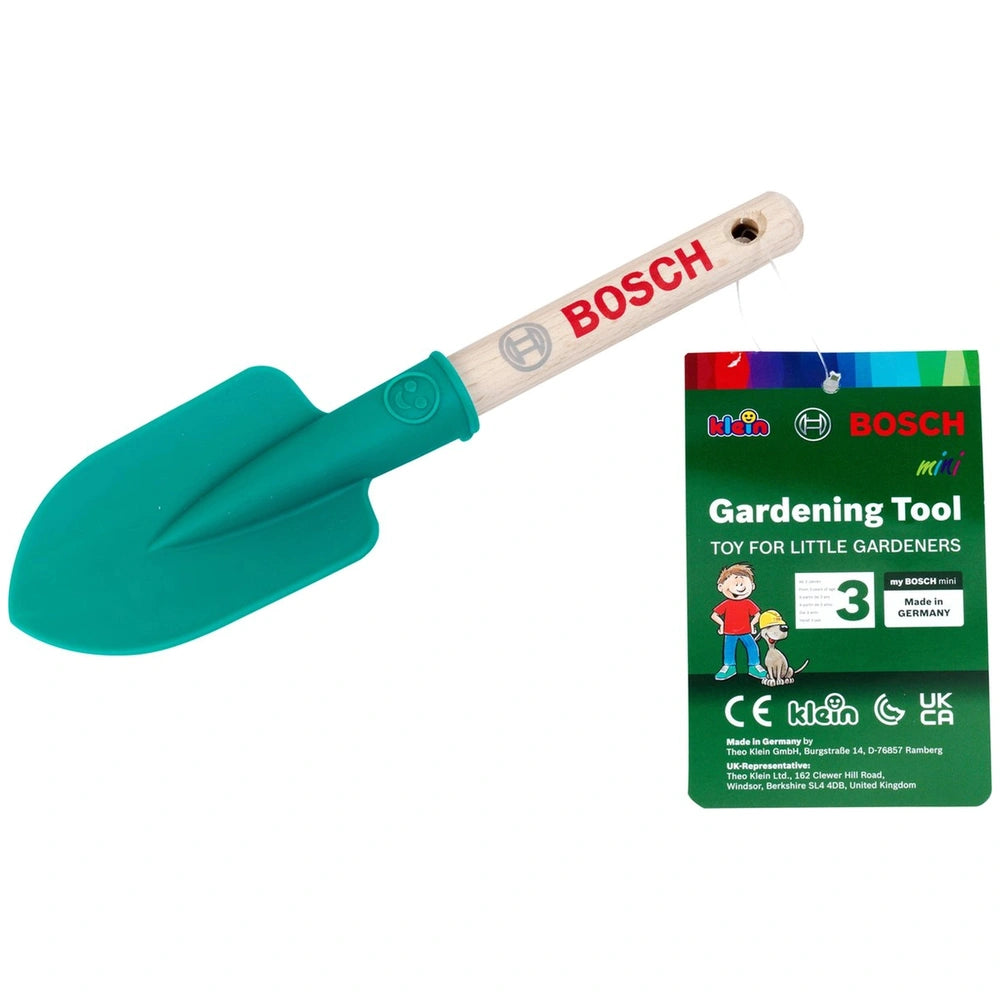 Theo Klein Bosch garden hand shovel with a brown wooden handle and green plastic head, suitable for children 3+.