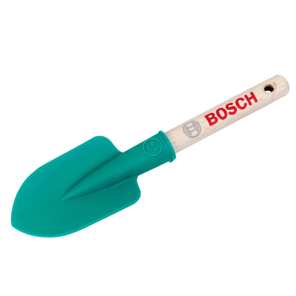 Theo Klein Bosch garden hand shovel with a green plastic blade and brown wooden handle, featuring "BOSCH" text.
