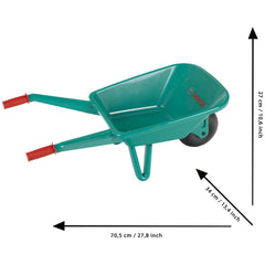 Green plastic Theo Klein Bosch wheelbarrow with black wheel, featuring "BOB" and size markings 70.5 cm and 34 cm.