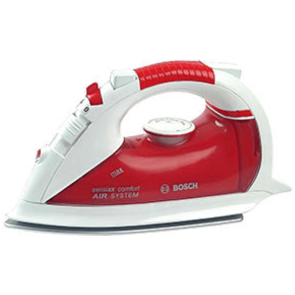 Theo Klein Bosch iron in red and white with visible "AIR SYSTEM" text, red power button, and temperature control dial.