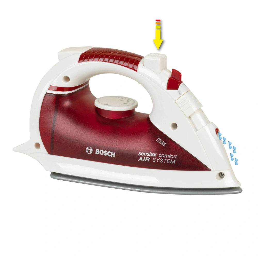 Theo Klein Bosch pretend iron in glossy red and white, featuring "SENSBOX COMFORT AIR SYSTEM" and multiple red and white comp