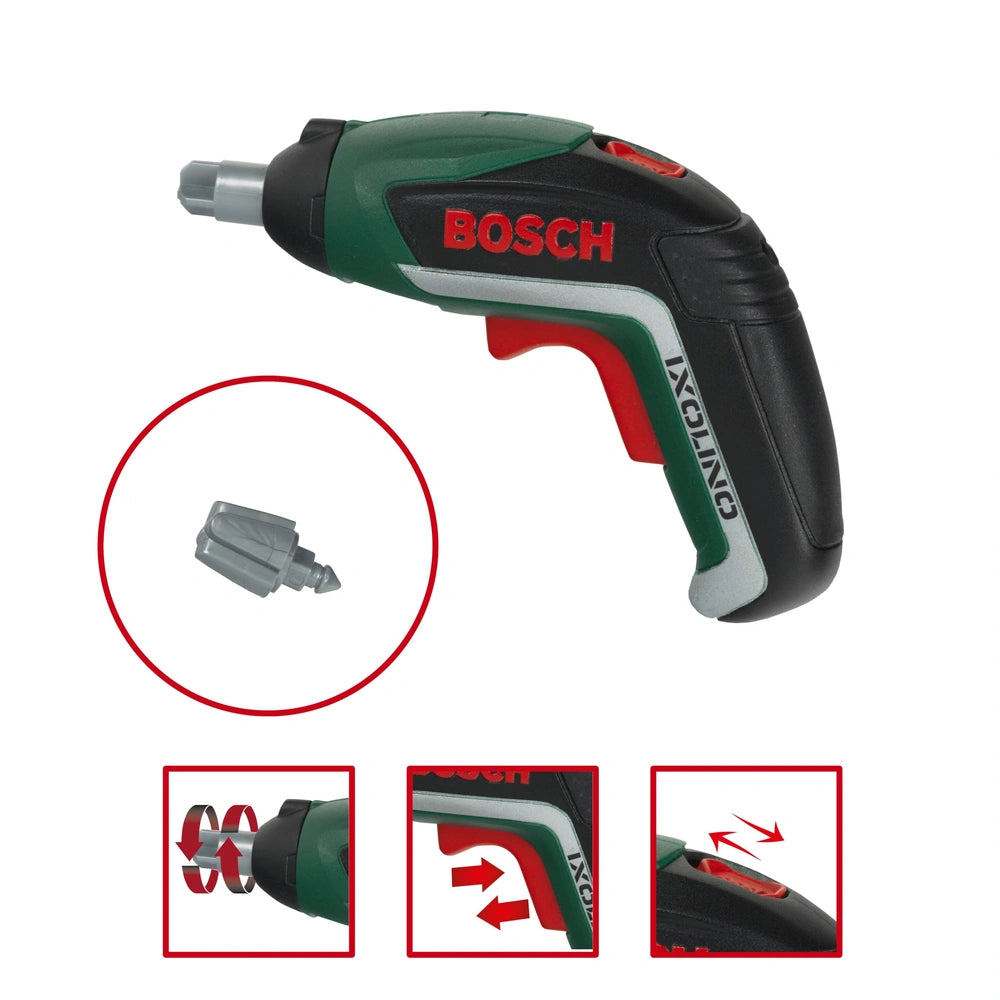 Theo Klein Bosch Ixolino II cordless power tool in green and black plastic with silver metallic components and red labels.