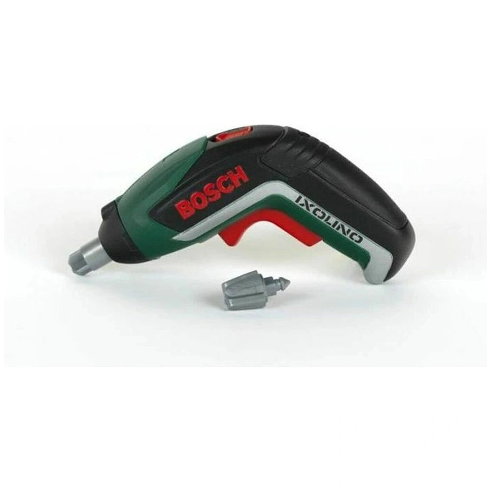 Bosch Ixolino II pretend power drill in green and black matte plastic with a battery pack and trigger-style switch.