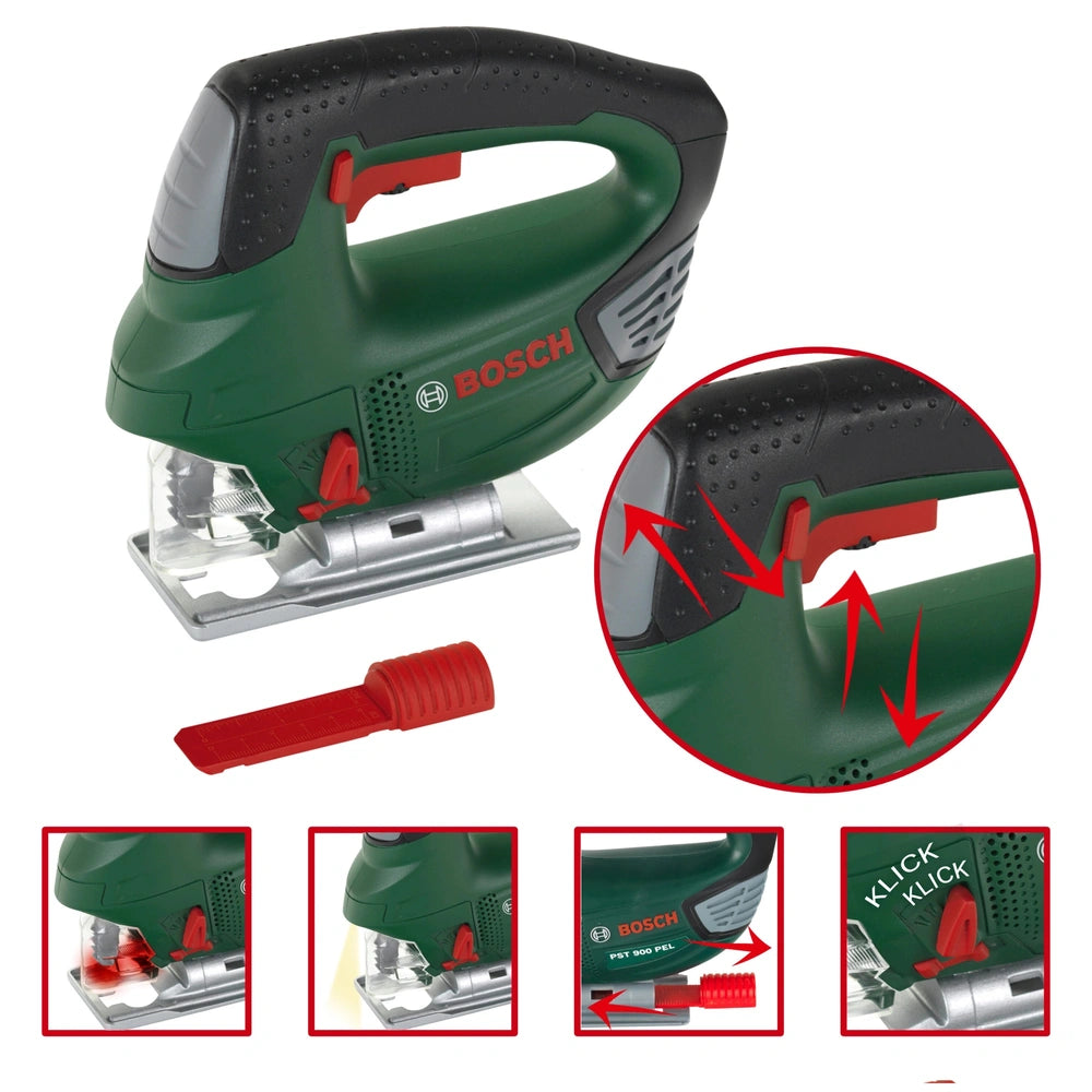 Theo Klein Bosch jigsaw with green body, black handle, red accents, silver blade guard, and clear plastic window.