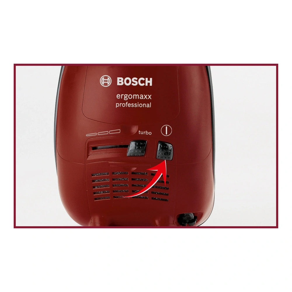 Bosch Ergomaxx vacuum cleaner in glossy deep red with black handle, switch, hose, and nozzle, featuring a left-pointing red a