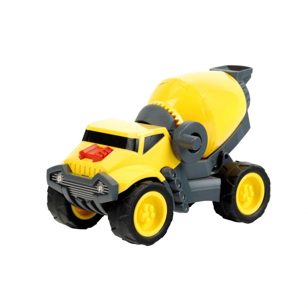Theo Klein Concrete Truck 1:24 features a yellow plastic body, black wheels, and a gray shovel in a front view layout.