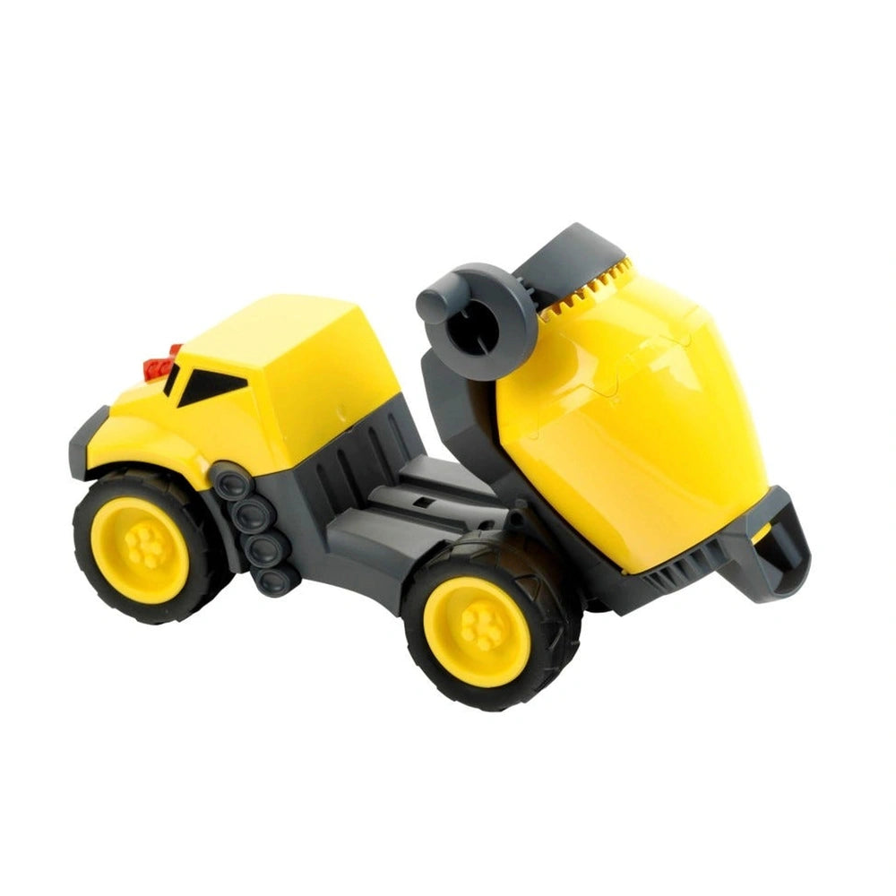 Theo Klein Concrete Truck 1:24 in yellow plastic with black wheels, bumpers, seat, steering wheel, and exhaust pipe.