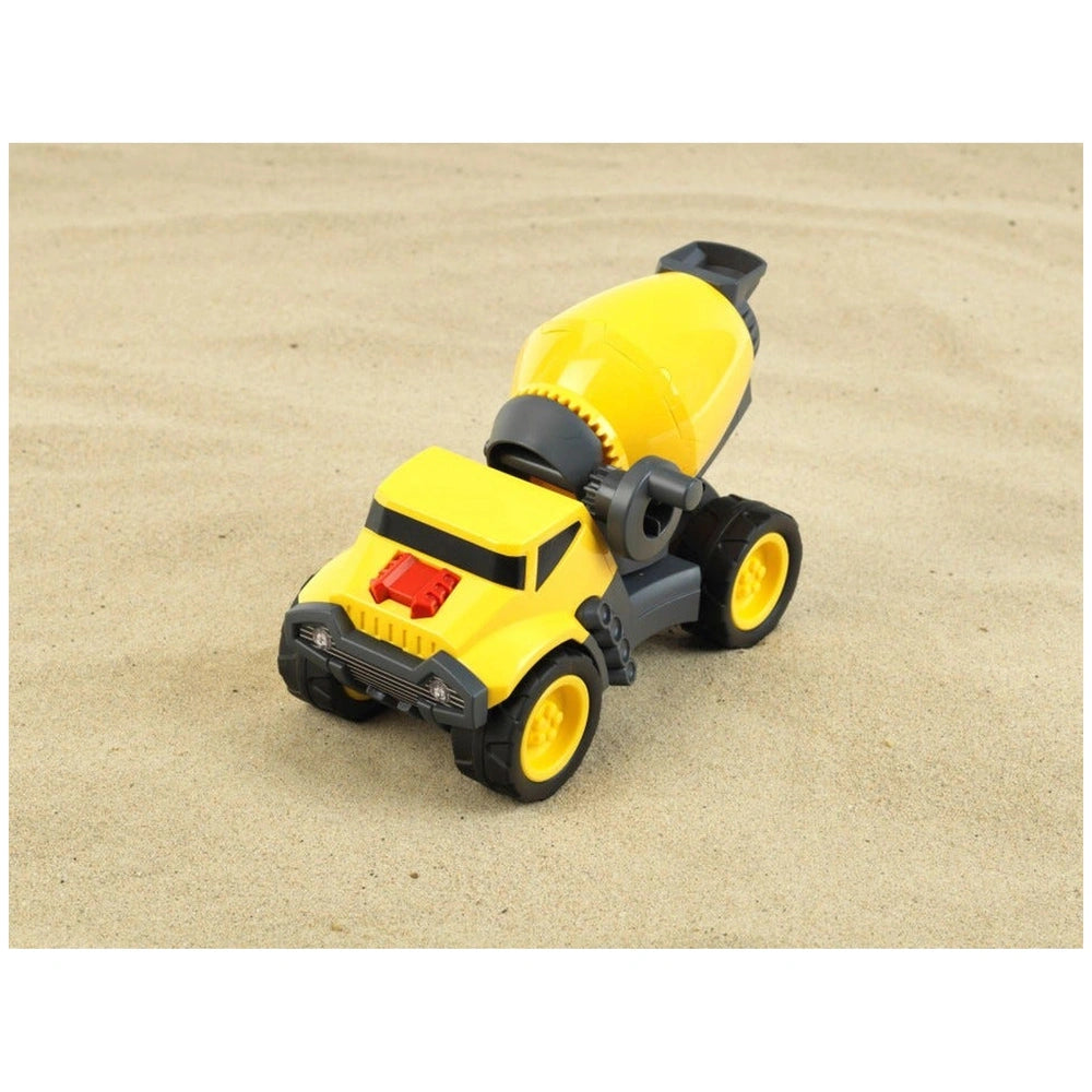 Theo Klein concrete truck toy in yellow plastic with black tires, handle, and spout, featuring a red button on the front.