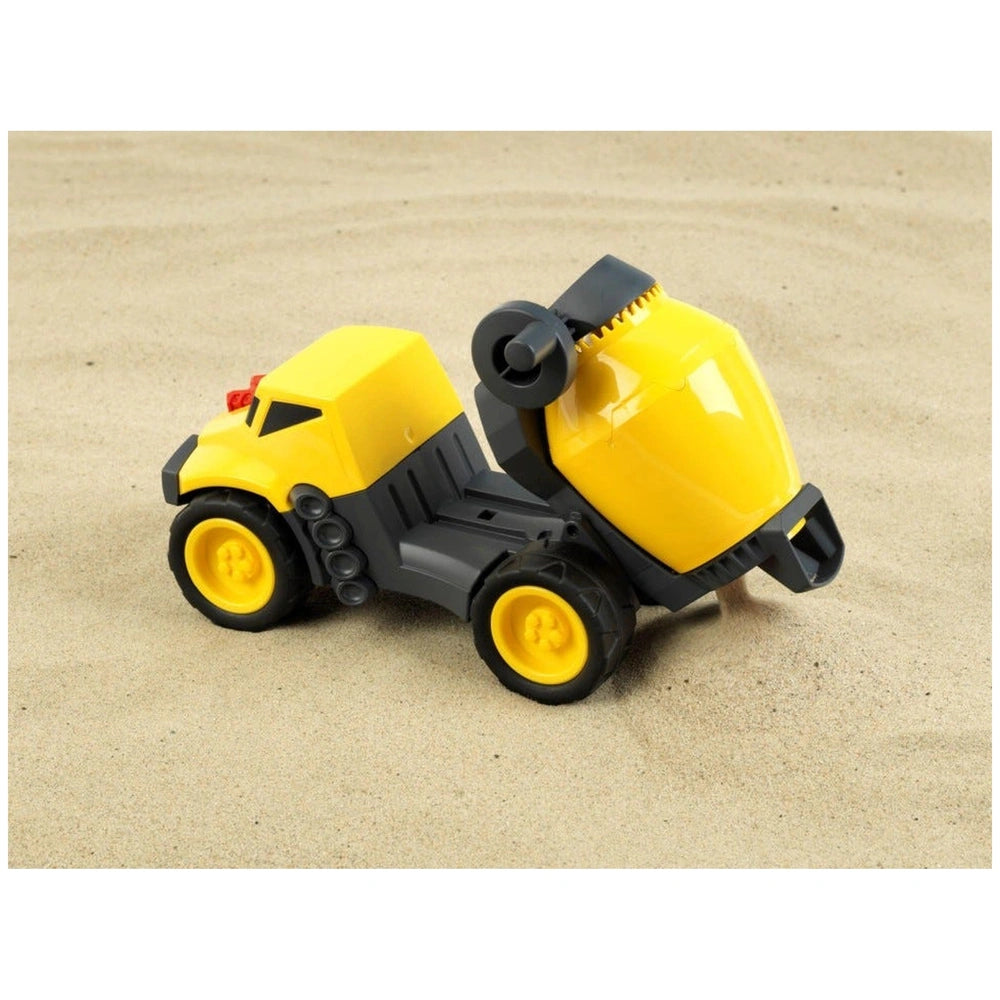 Theo Klein Concrete Truck 1:24 in yellow plastic with black wheels, grilles, and details, showcasing a playful design.