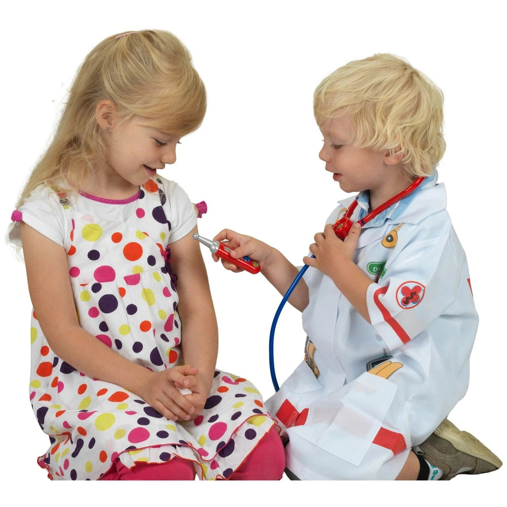 Theo Klein Doctor Case with two children, one in a colorful polka dot dress and white coat, holding a red and blue stethoscop
