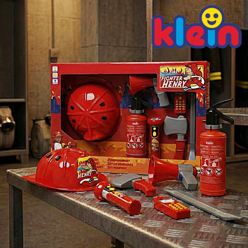 Theo Klein firefighter set in a red cardboard box features plastic fire engine, helmet, hose, extinguisher, and accessories.