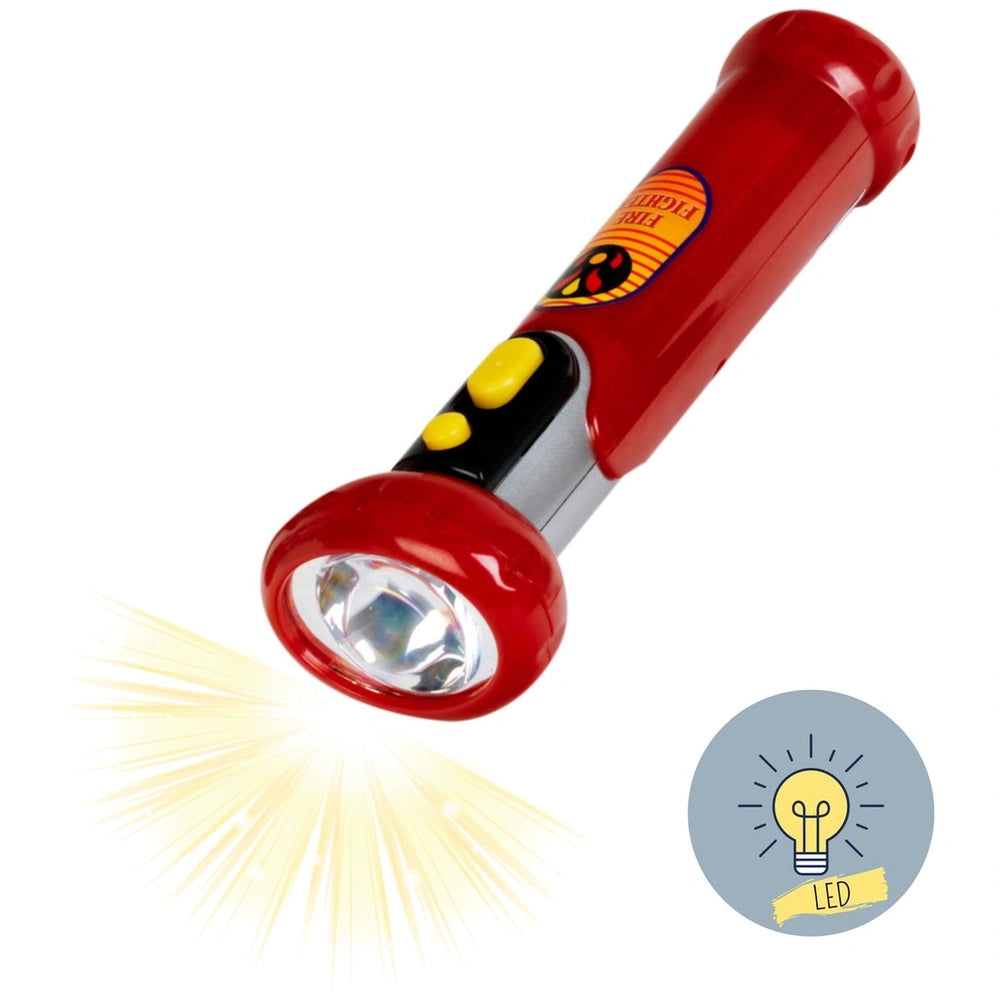 Theo Klein firefighter set featuring a red flashlight with yellow and black buttons and a silver base, ideal for role-playing