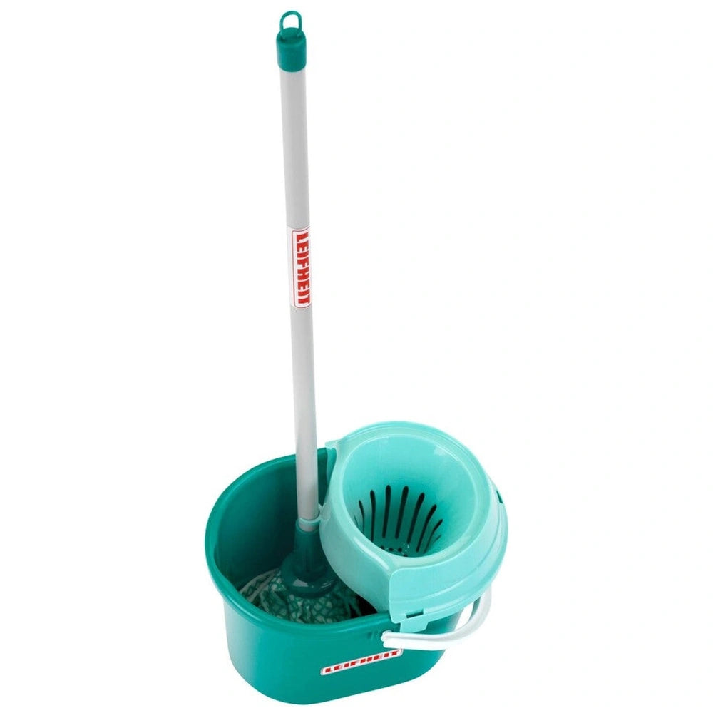 Theo Klein Leifheit mop set with green handle, white body, blue brush head, and "Lefte" text on the body.