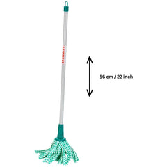 Theo Klein Leifheit mop set featuring a white handle with green and white fringe and "REFRESH" printed in red.