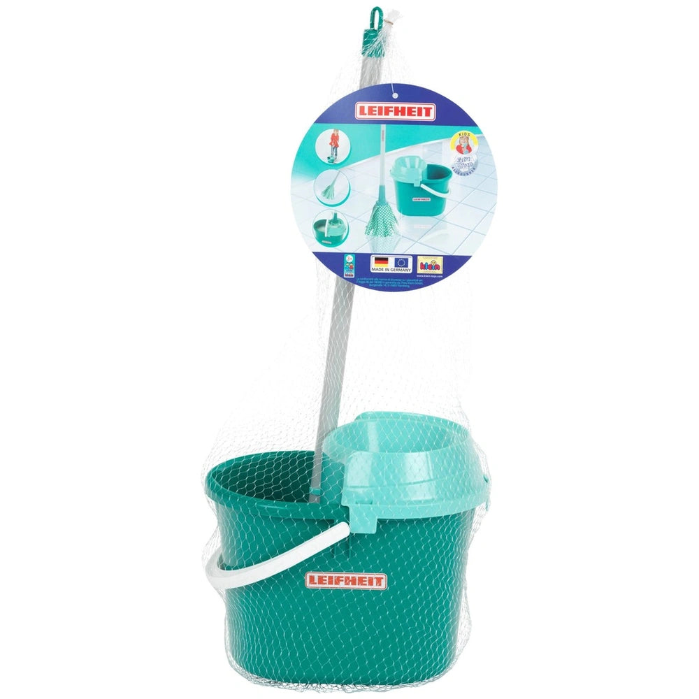 Theo Klein Leifheit mop set features a teal bucket with a translucent light green mesh, labeled with broom, dustpan, and wate