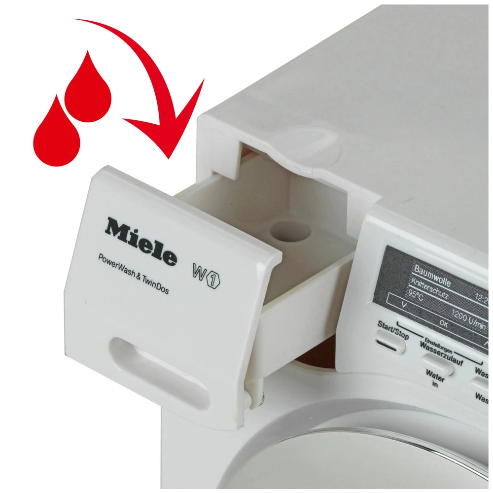 Theo Klein Miele washing machine toy with a matte white finish, featuring a central hole and "PowerWash & TwinDos" label.