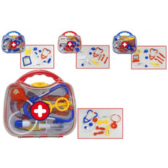 Deluxe Doctor Case Toy Kit features a red and blue plastic case filled with medical-themed accessories for pretend play.