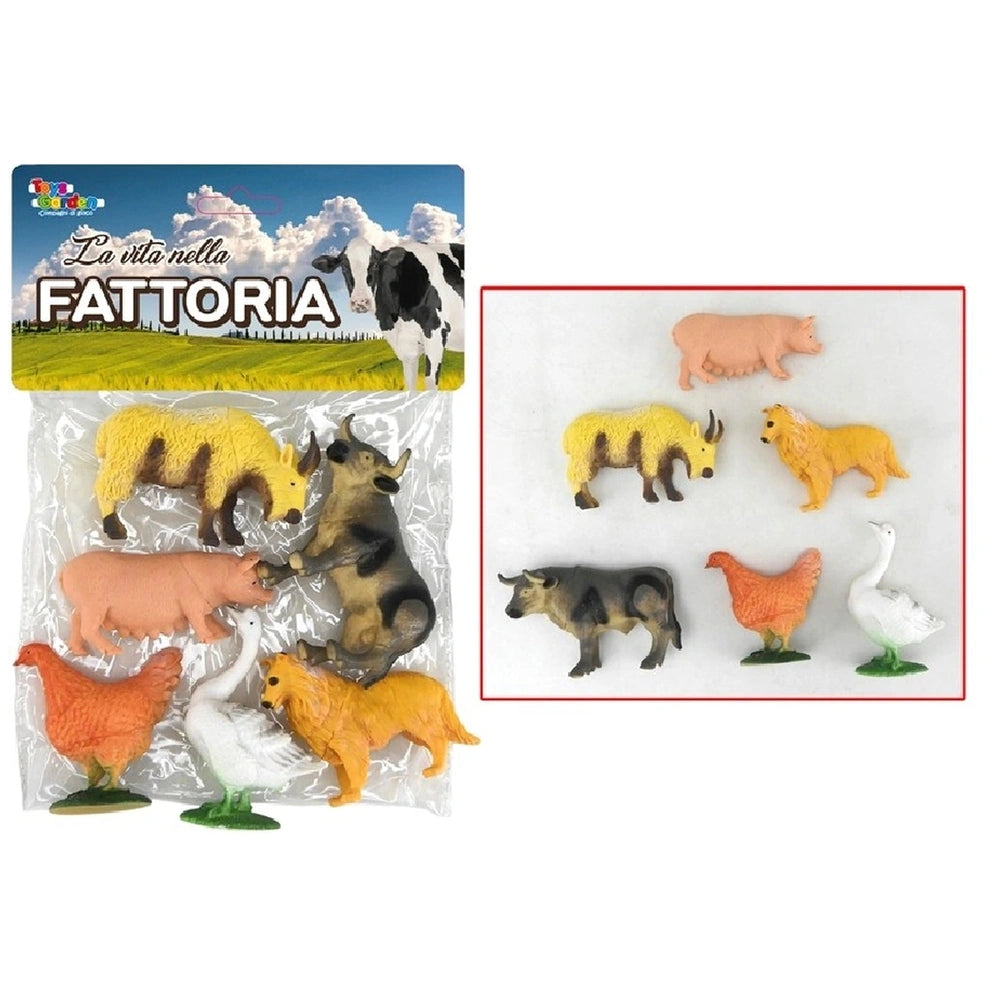 Farm animal figures in various colors arranged on a clear plastic sheet, showcasing cows, pigs, and chickens.