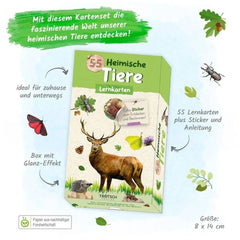TROTSCH Learning Cards feature colorful stickers of native animals, labeled "Heimische Tiere" with a sustainable forestry sym
