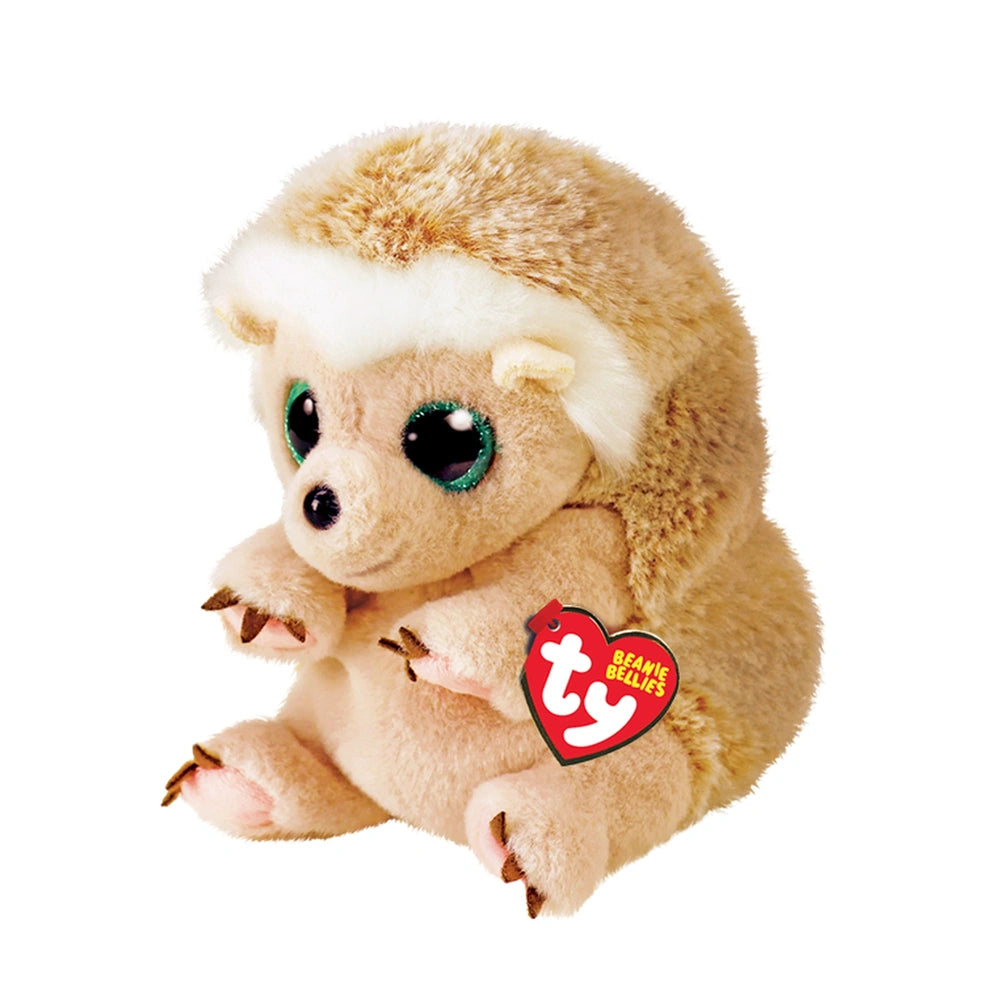 TY - Beanie Bellies Bumper tan hedgehog 20 cm plush toy with large black eyes and a red heart tag on a white background.
