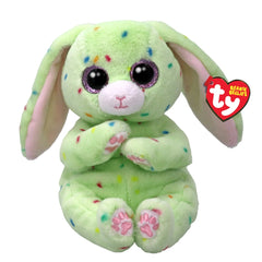 TY - Beanie Bellies Fern green bunny 20 cm plush toy with colorful dots, pink ears, and a cute facial expression.