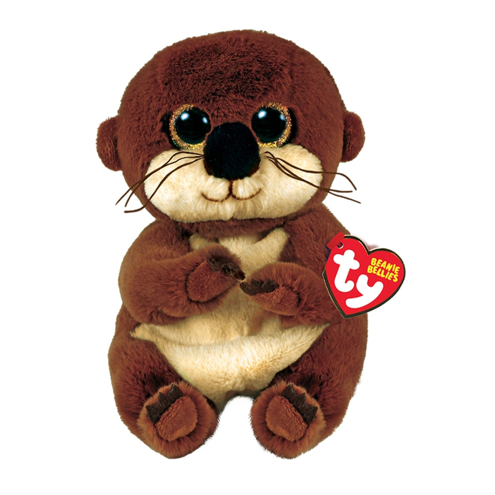 TY - Beanie Bellies Mitch brown otter plush toy, 20 cm, with soft fur, crossed arms, and heart-shaped tag.