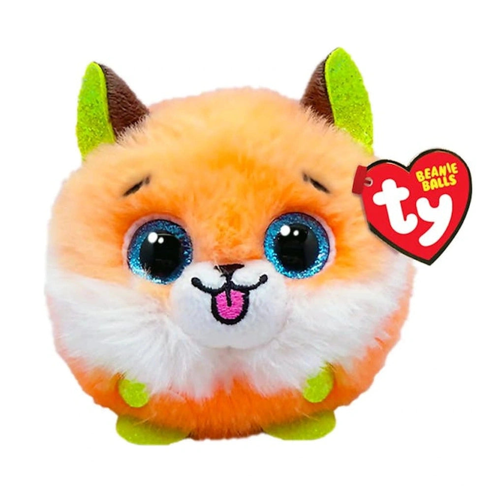 TY - Beanie Bellies Puffies Sherbet Orange Fox plush toy with round body, blue eyes, and green ears on white background.