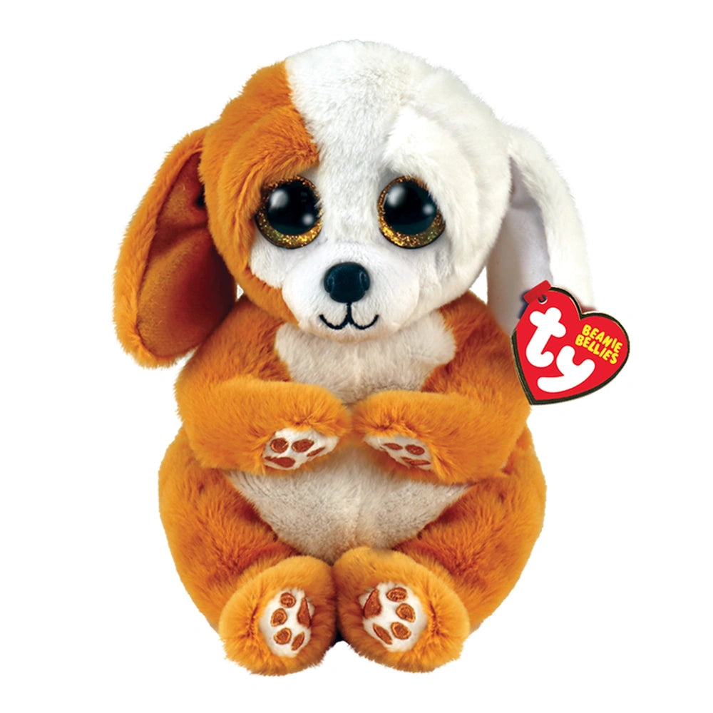 TY - Beanie Bellies Ruggles brown and white dog plush toy, 20 cm, soft with large floppy ears and vivid facial details.