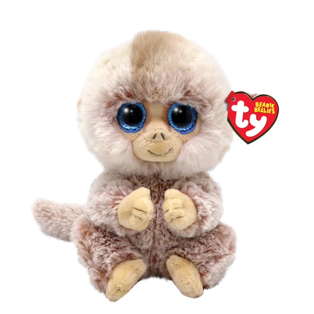 TY Beanie Bellies Stubby tan monkey, 20 cm plush toy with white fur, blue eyes, and smiling expression on a plain background.