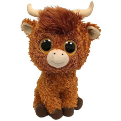 TY - Beanie Boos Alfie Highland Cow plush toy with brown fur, large eyes, and white curved horns, standing upright on a white