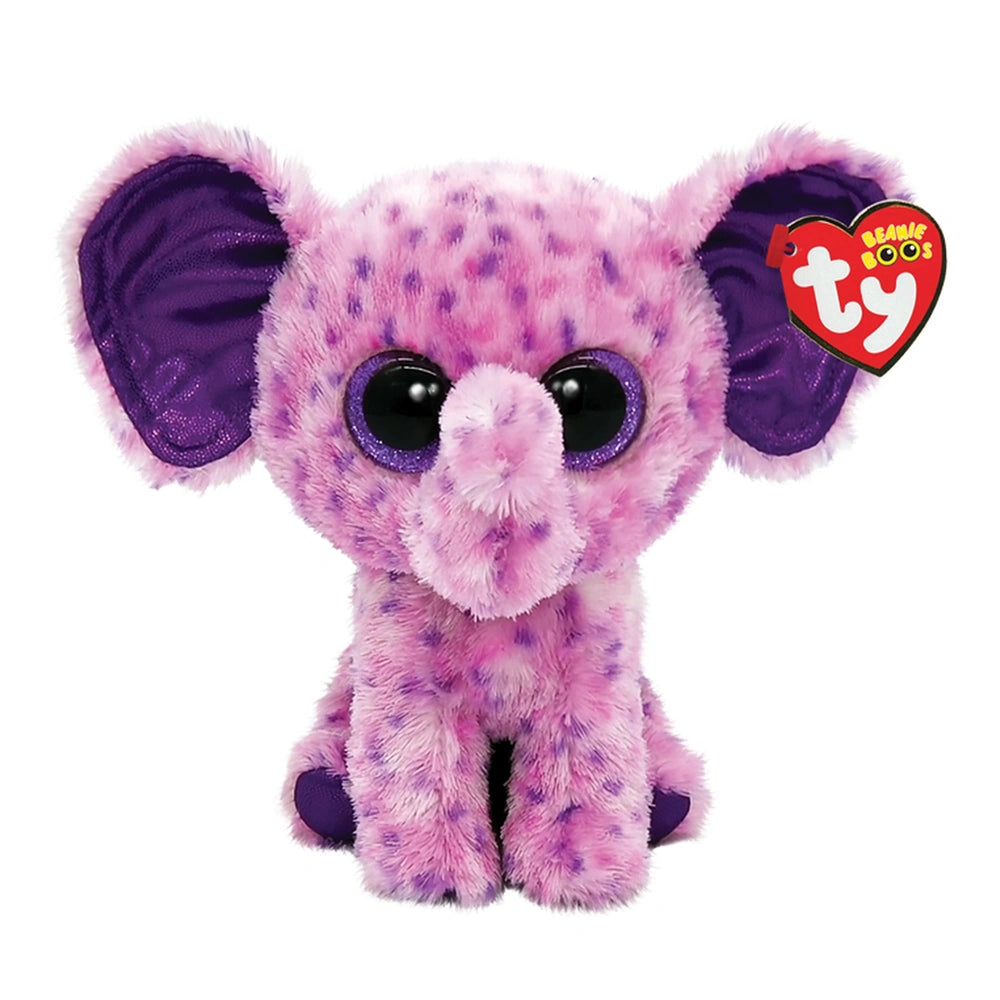 TY - Beanie Boos Eva pink speckled elephant plush toy with purple eyes and heart-shaped tag, 15 cm, against a white backgroun
