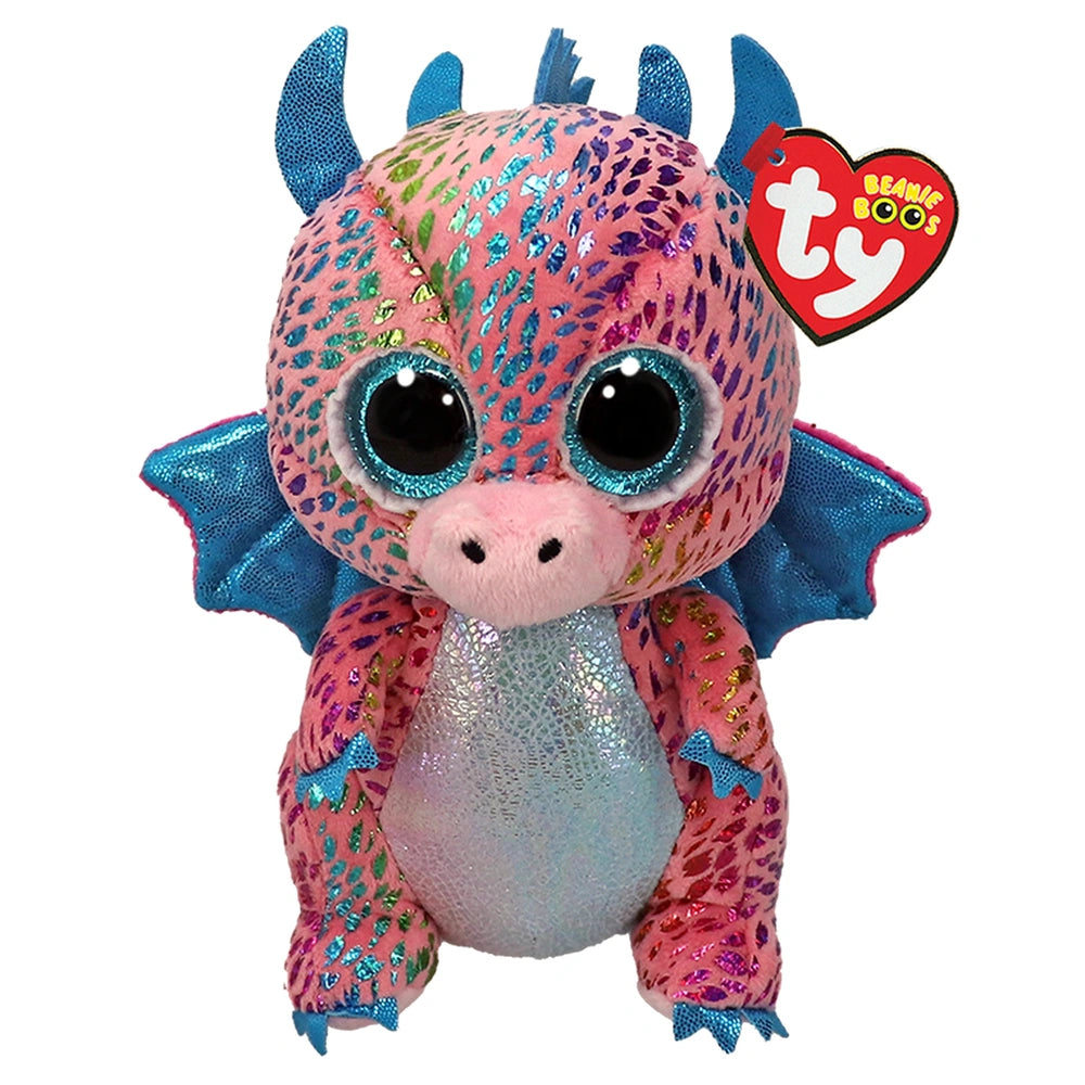 TY Beanie Boos Flint is a multicolored plush dragon with glittery features, pink body, blue accents, and a heart tag.