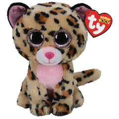 TY Beanie Boos Livvie plush leopard toy featuring brown and pink accents, large sparkling eyes, and a heart-shaped tag.