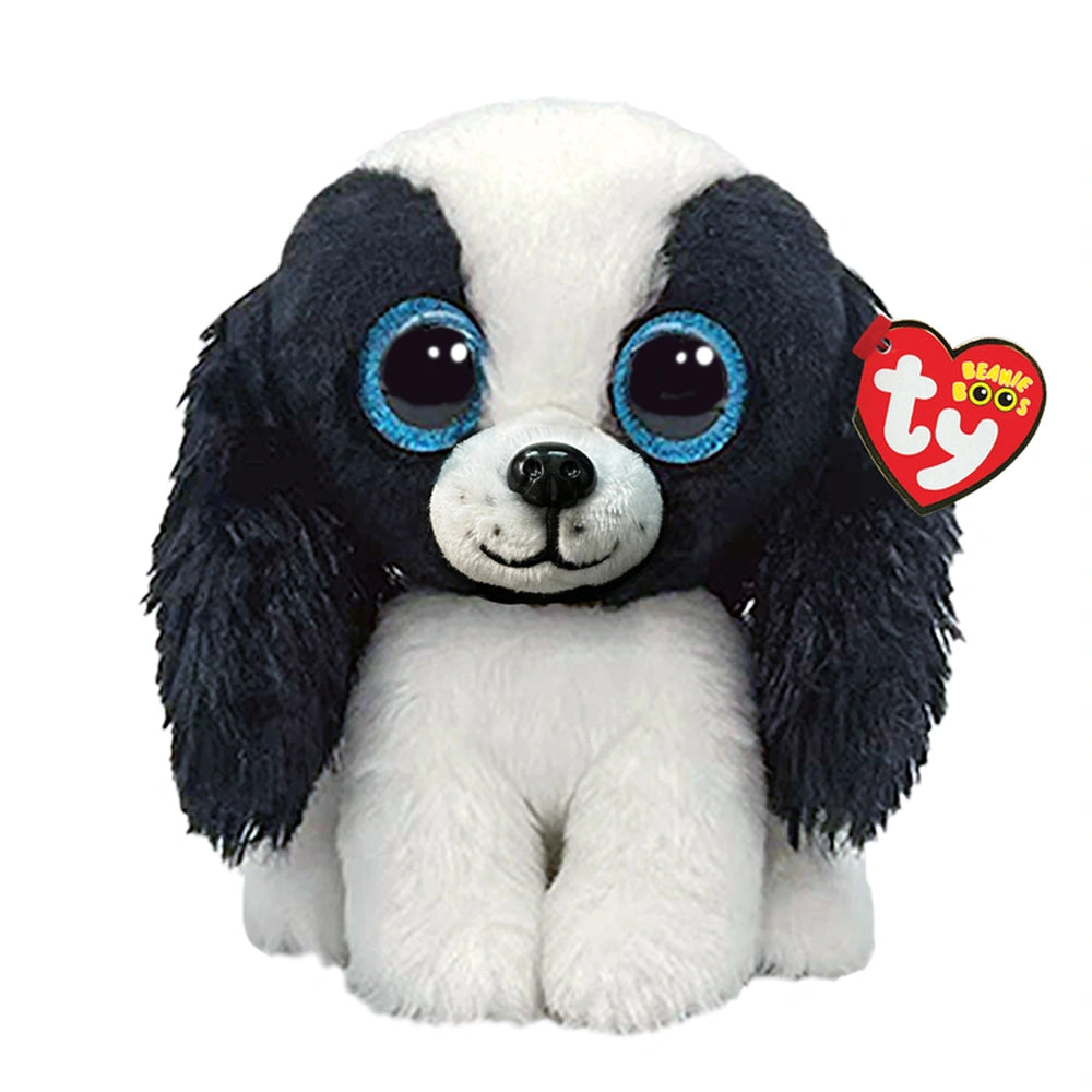 TY Beanie Boos Sissy is a 15 cm black and white stuffed dog with large blue eyes and a heart-shaped tag.