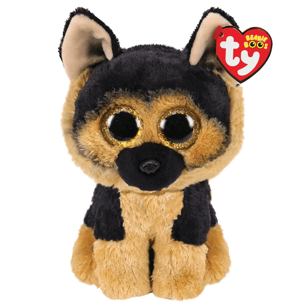 TY Beanie Boos Spirit plush dog toy, 24 cm, black and tan, with large eyes and red TY tag on ear, against a white background.