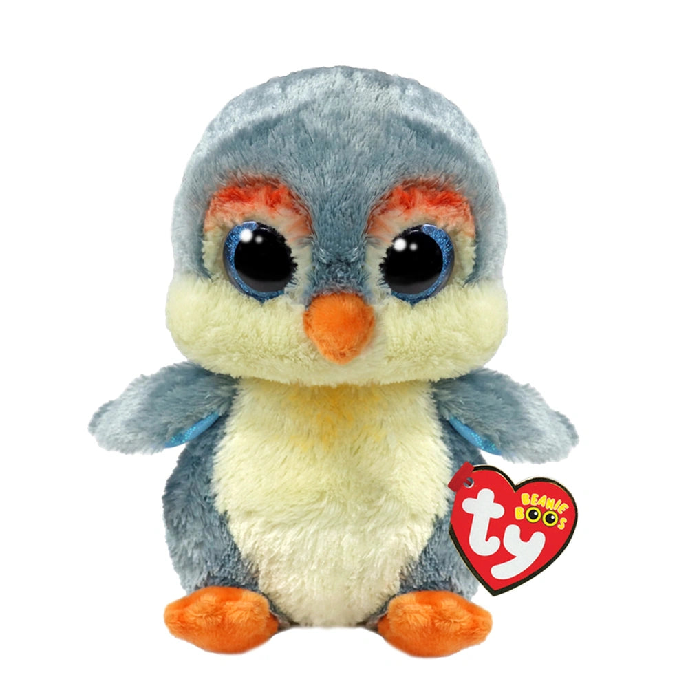 TY - birds Fisher grey penguin 15 cm plush toy in blue and white with orange accents, soft fabric, and heart-shaped tag.