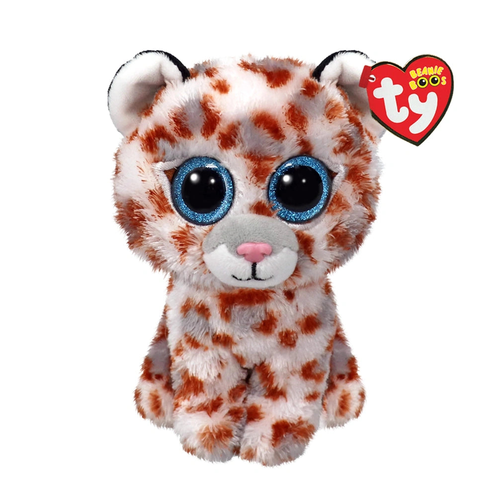 TY - Cats Coco spotted leopard plush toy with orange and white fur, blue eyes, and red heart tag on a white background.