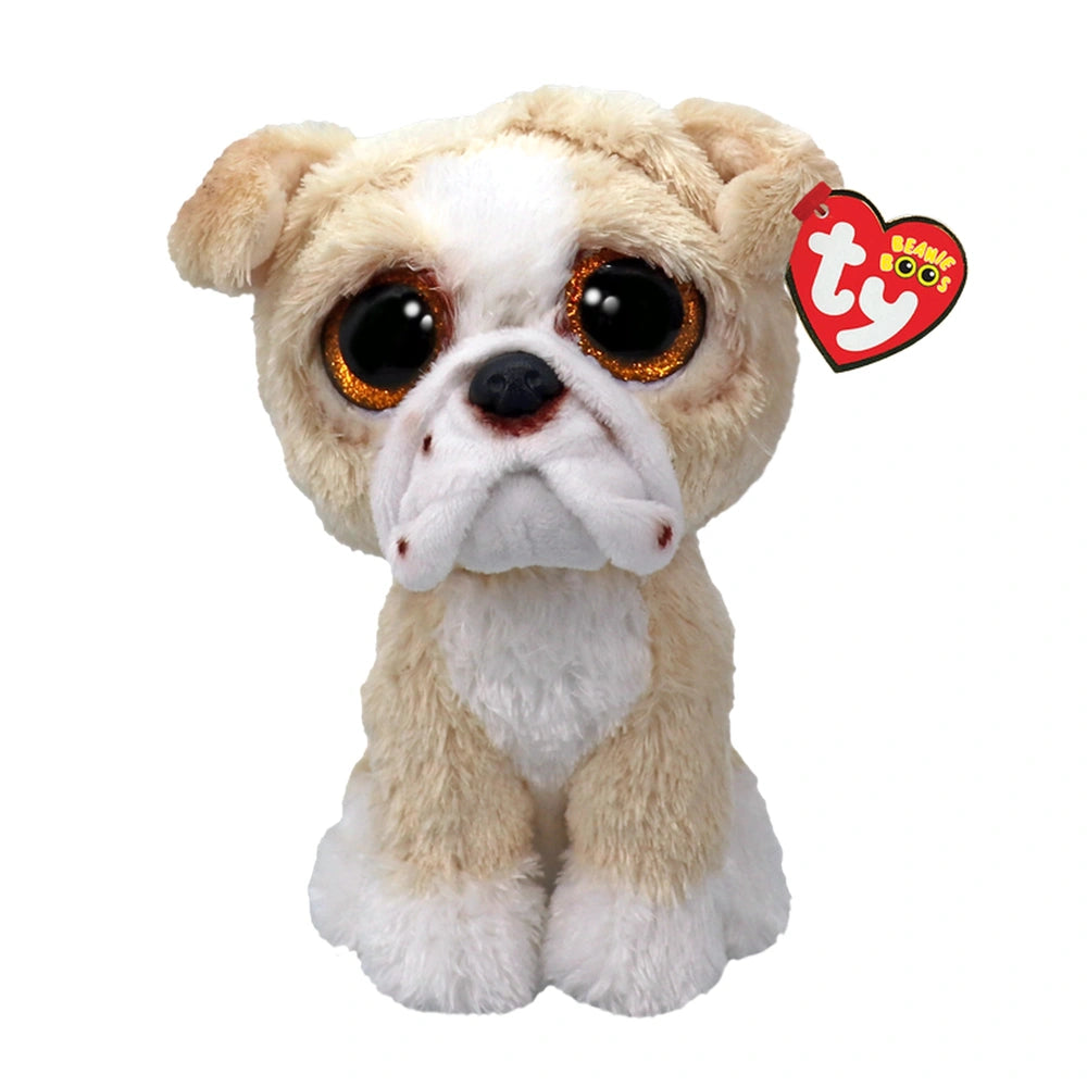 TY Pooch tan English Bulldog plush toy, soft with brown patches, large eyes, floppy ear, and heart-shaped tag.
