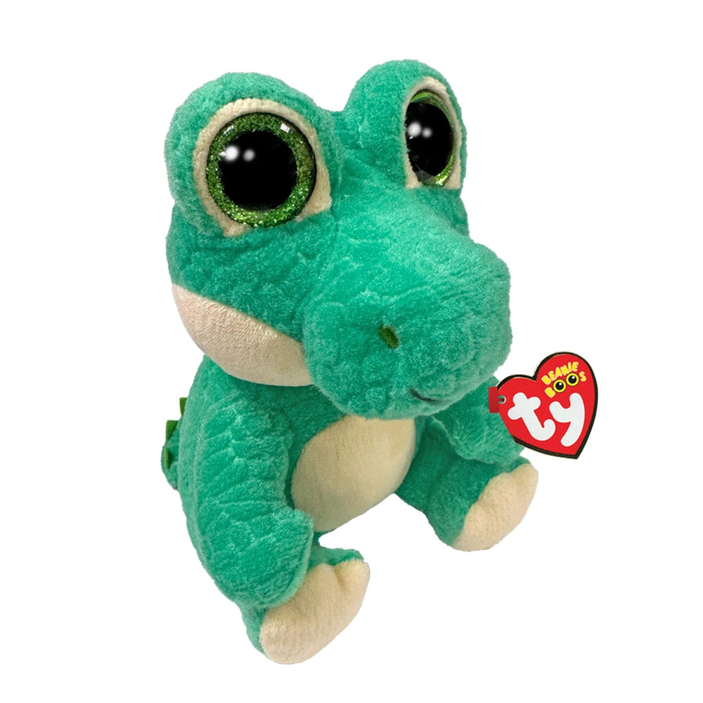 TY - Small Ernie is a plush green alligator with a soft texture, big glossy eyes, and a heart tag, set against a white backgr