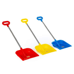 WADER snow shovels in red, yellow, and blue with metal handles are displayed side by side against a white background.