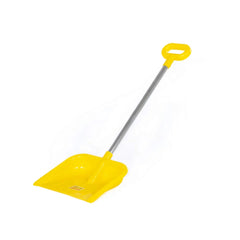 Yellow plastic dustpan with a long, straight handle, set against a light-colored background.