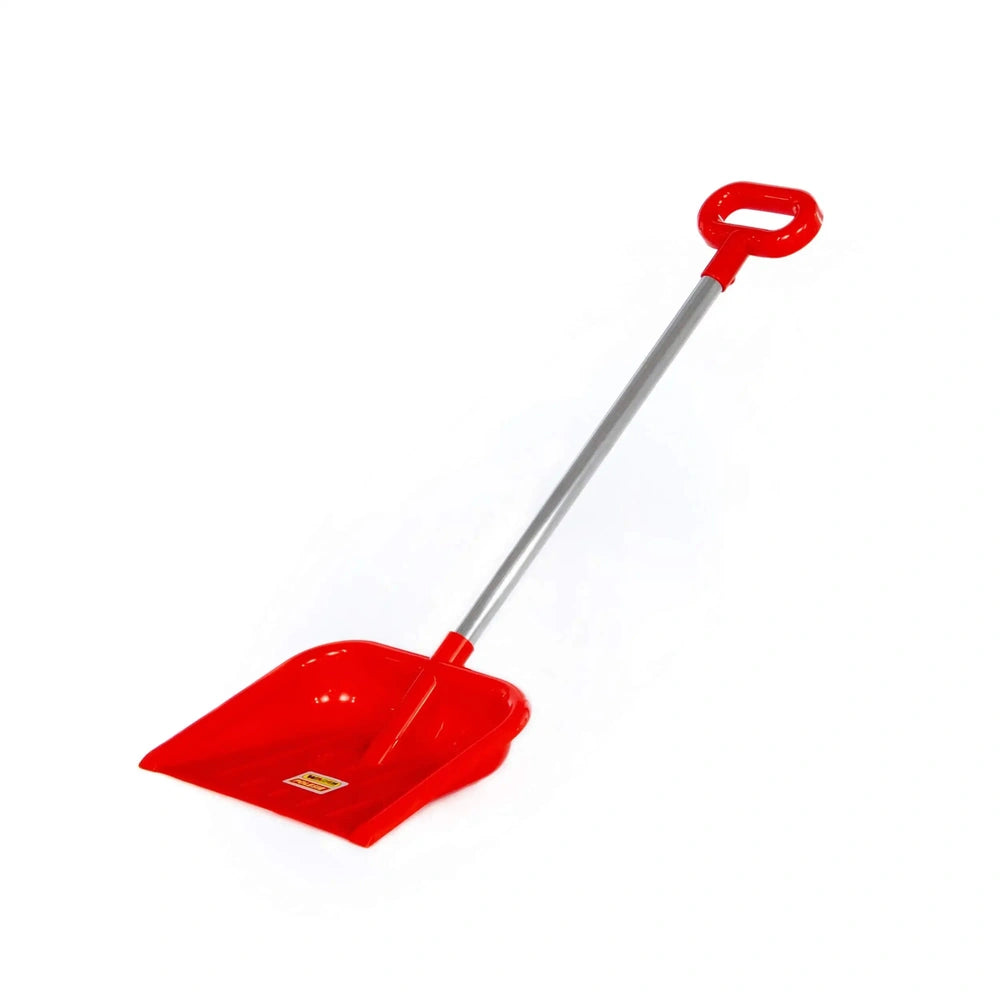 Red snow shovel with a metallic handle, positioned at an angle against a plain white background.